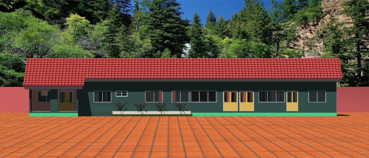 A green house with red roof and orange tile floor.