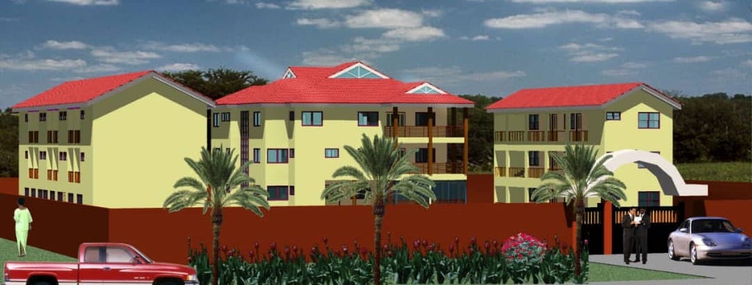 A rendering of the building with red roof.