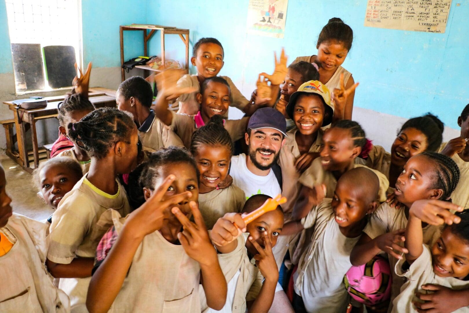 A group of children posing for the camera.